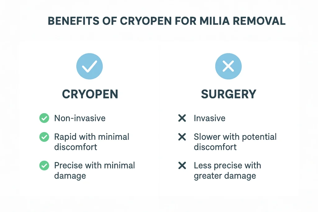 Benefits of cryopen for milia removal Midhurst compared to surgical treatments.