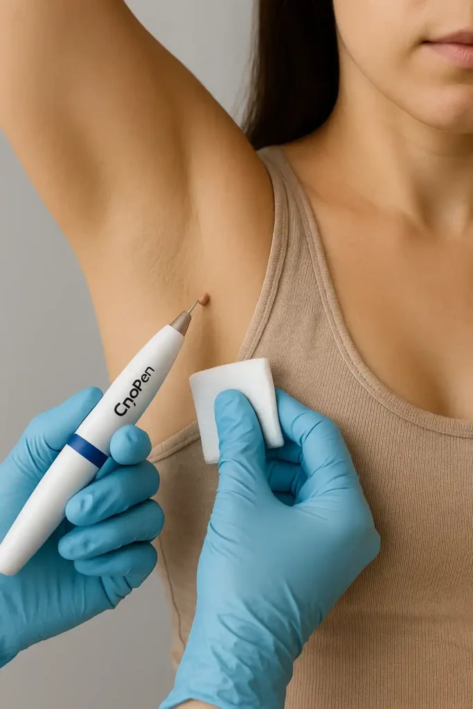 woman having cryopen to remove underarm skin tags Midhurst