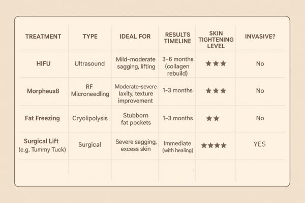 Table showing the comparisons of Skin tightening Midhurst treatment options.